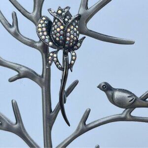 Vintage Butler Black Rose Brooch Aurora Borealis Iridescent Rhinestones